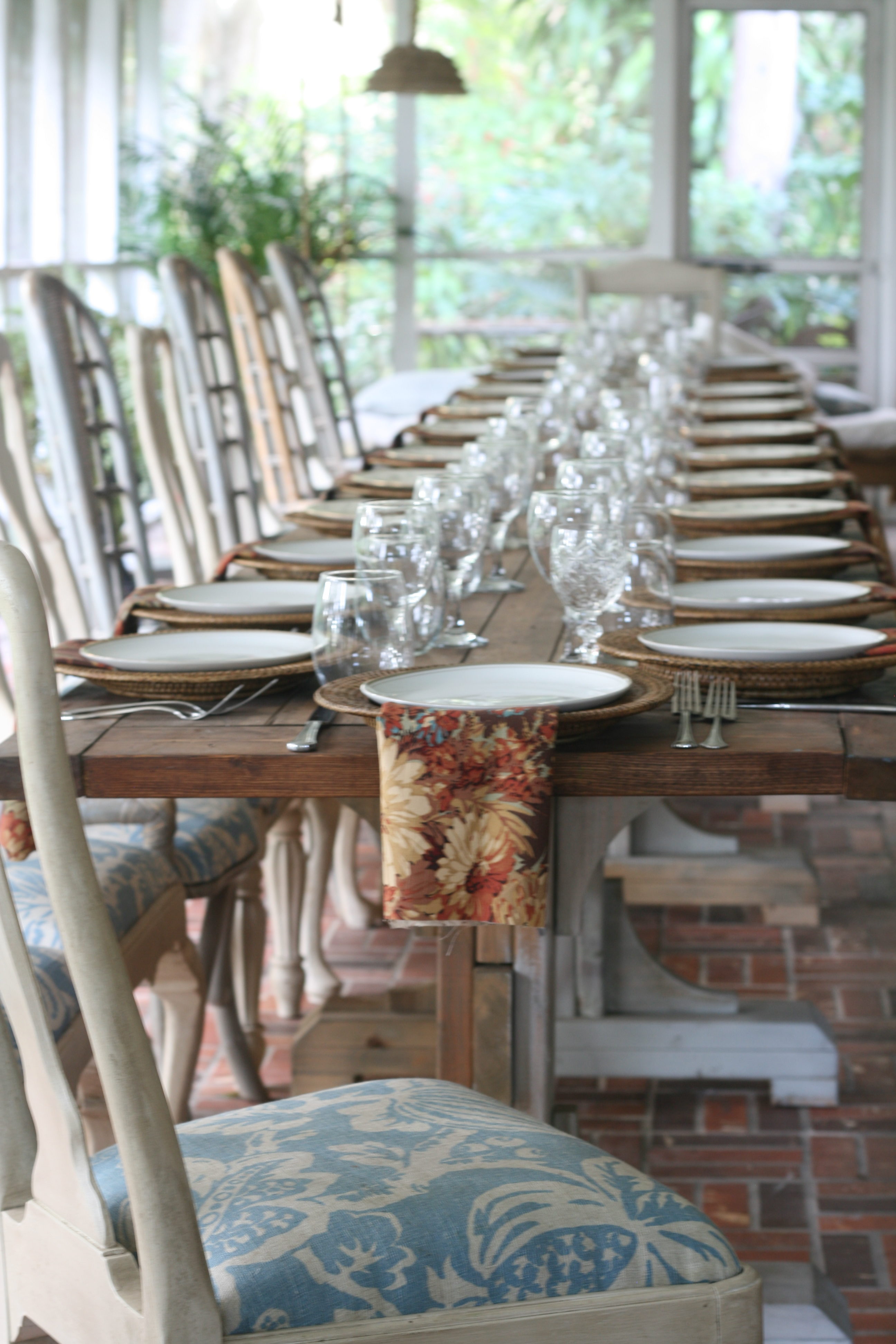 farmhouse tables set for Thanksgiving