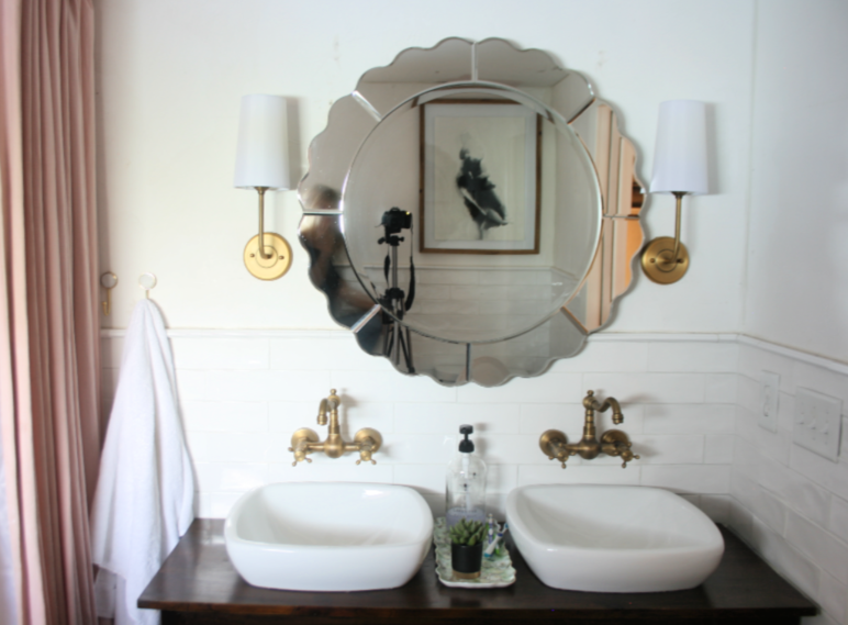 A Bathroom Mirror Over Tile Wainscoting, How Do You Hang A Pivot Mirror