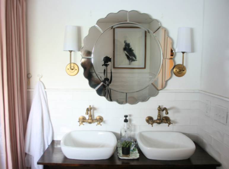 How to hang a bathroom mirror over tile wainscoting. • mimzy & company